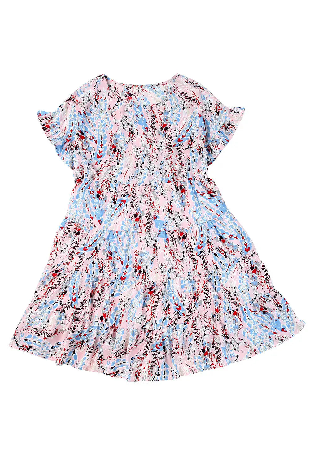 Pink short sleeves floral print tiered ruffled dress - dresses