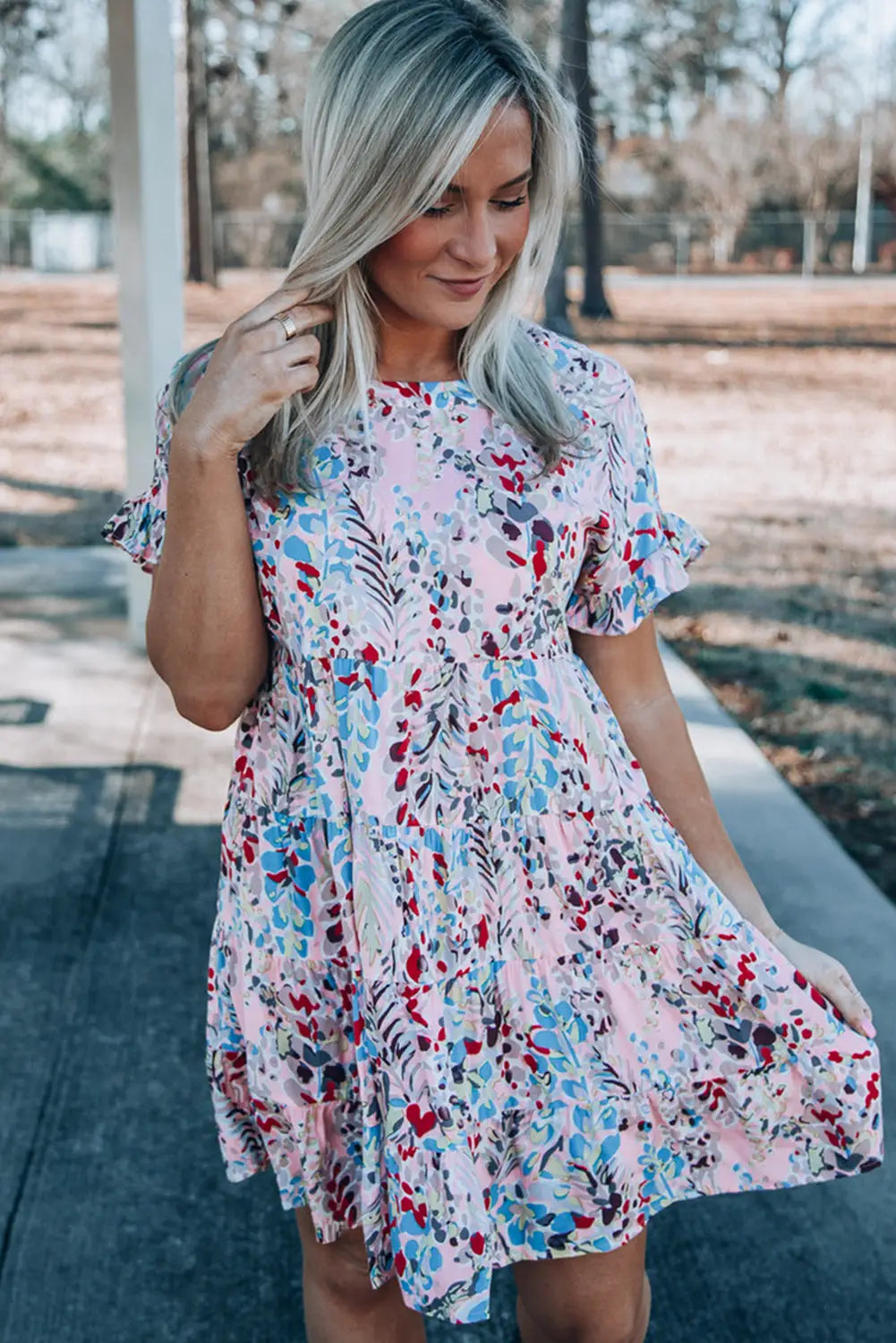 Pink short sleeves floral print tiered ruffled dress - dresses