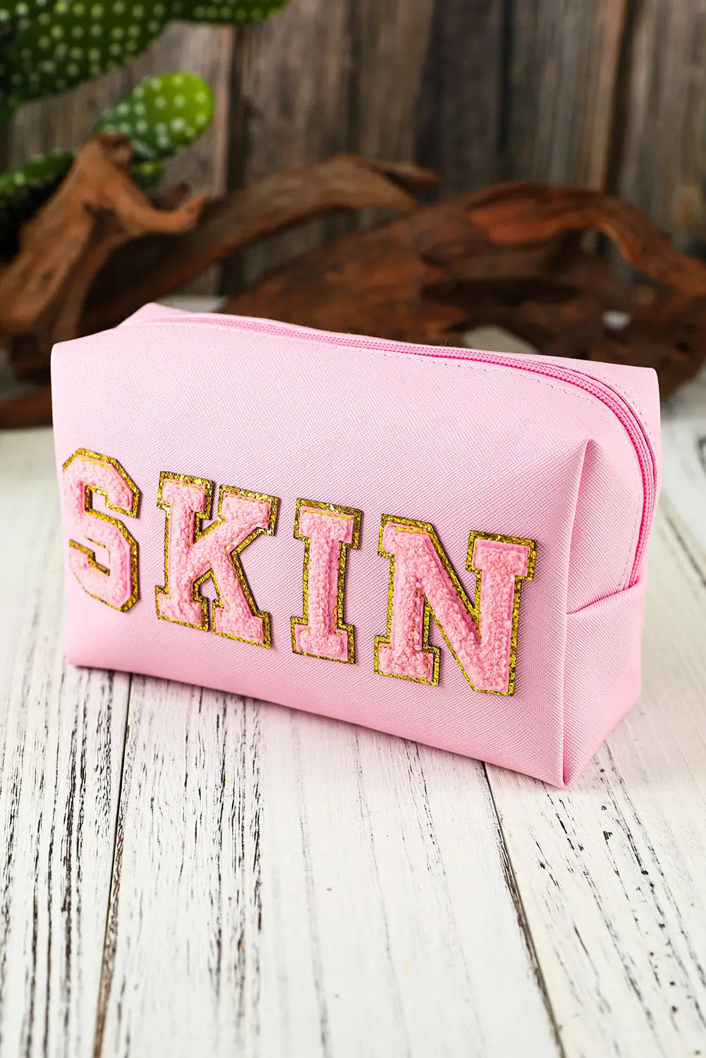 Pink skin embroidered patch zipped cosmetic bag 19*7*12cm - one size / pu - makeup bags
