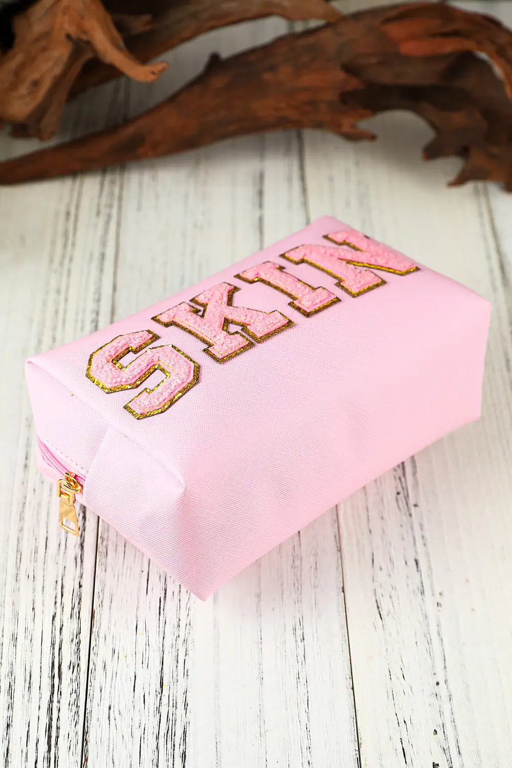Pink skin embroidered patch zipped cosmetic bag 19*7*12cm - one size / pu - makeup bags