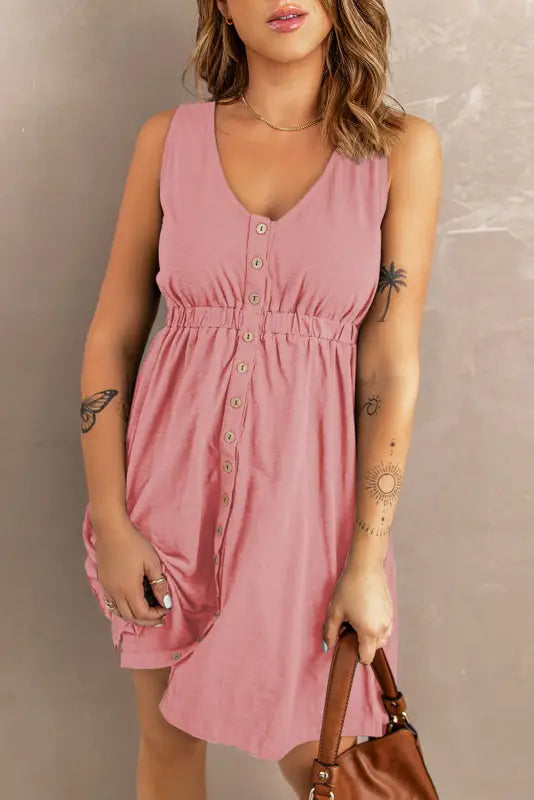 Pink solid button front plus size long sleeve dress