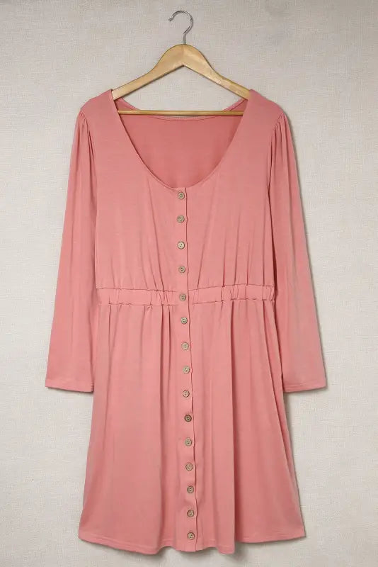 Pink solid button front plus size long sleeve dress