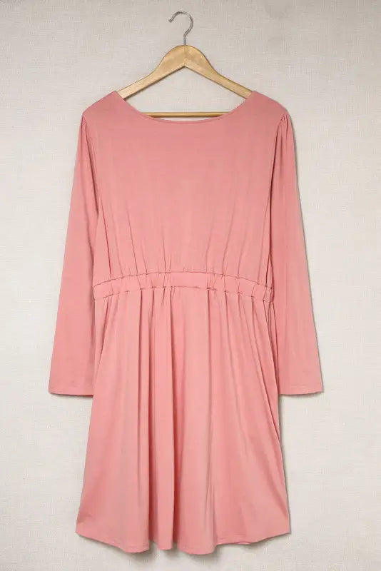 Pink solid button front plus size long sleeve dress