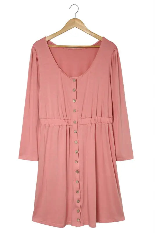 Pink solid button front plus size long sleeve dress