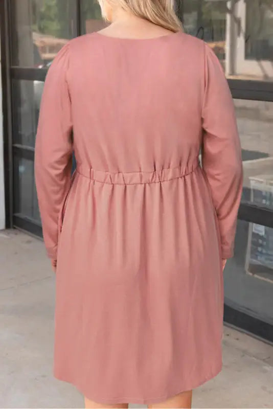 Pink solid button front plus size long sleeve dress