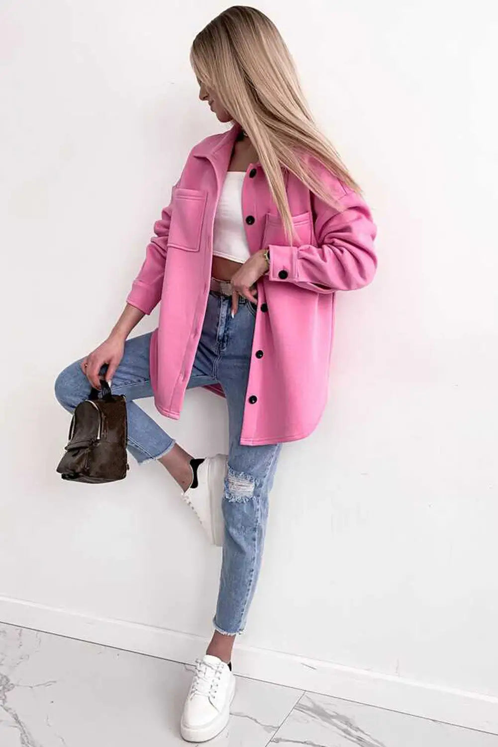 Pink solid color pocketed button up long sleeve shacket - shackets