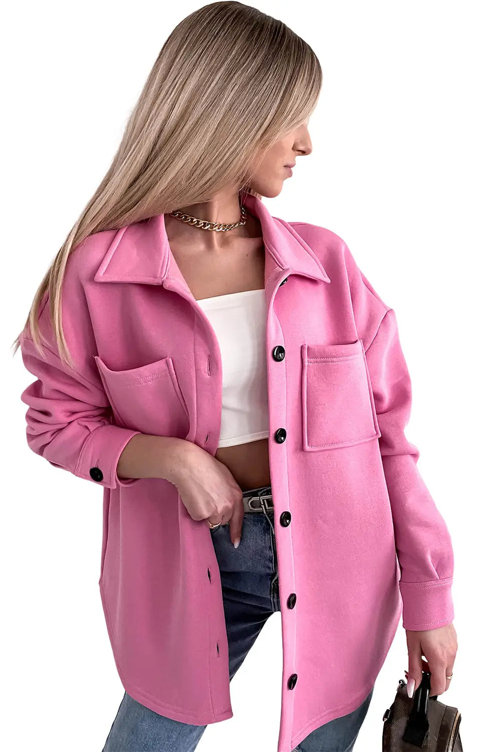 Pink solid color pocketed button up long sleeve shacket - shackets