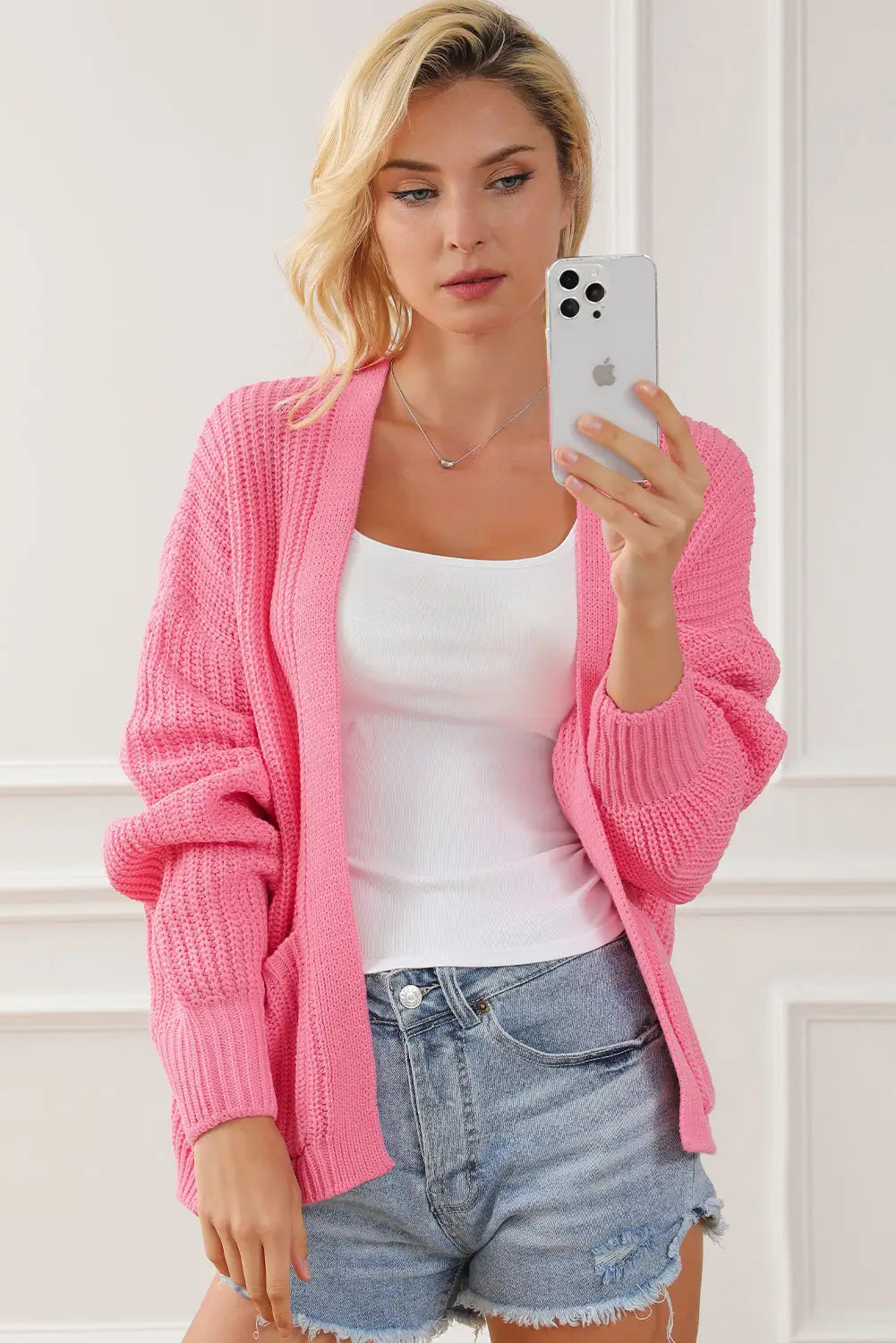 Pink solid pocketed open short cardigan - sweaters & cardigans