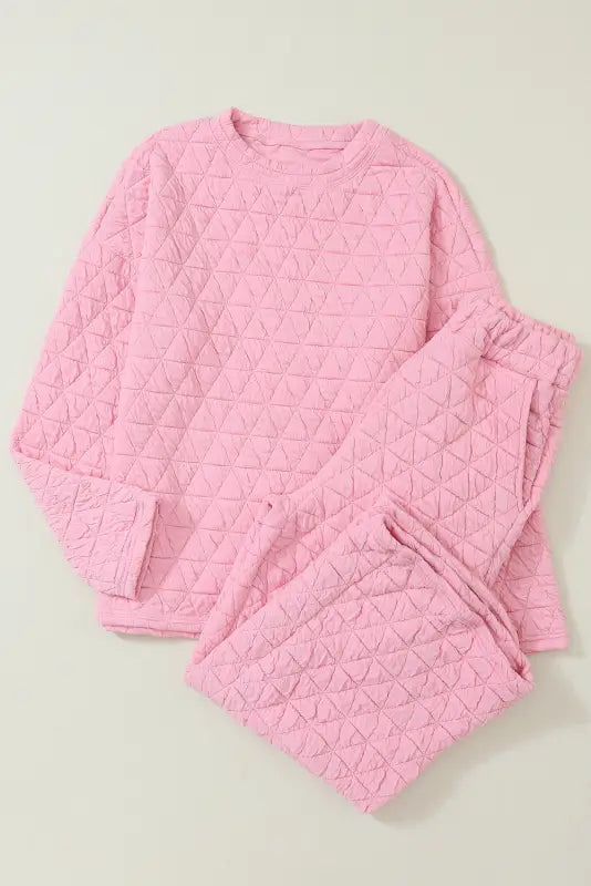 Pink solid quilted pullover and pants outfit - s / 95% polyester + 5% elastane - loungewear