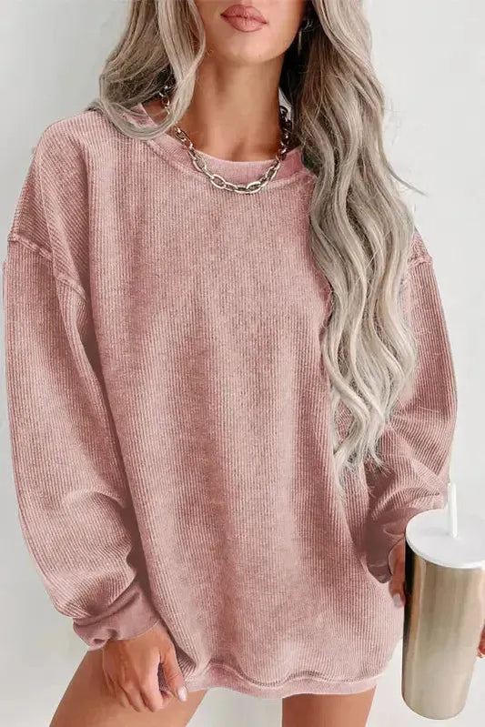 Pink Solid Ribbed Knit Round Neck Pullover Sweatshirt - Fashionfitz