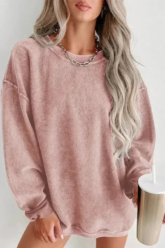 Pink Solid Ribbed Knit Round Neck Pullover Sweatshirt - Fashionfitz