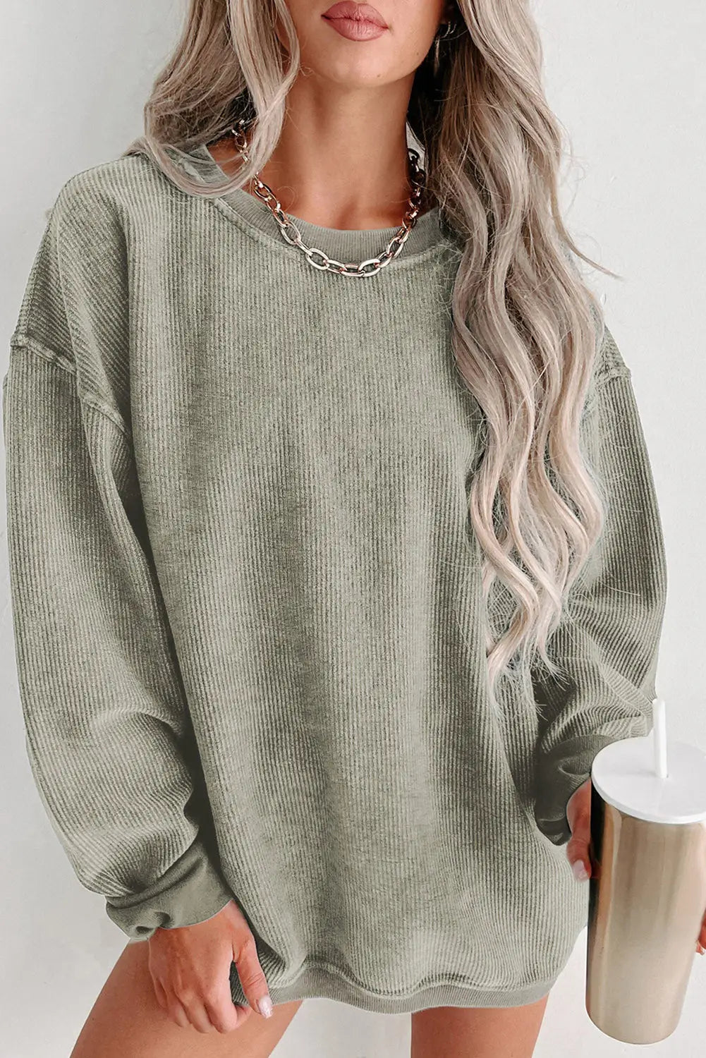 Pink solid ribbed knit round neck pullover sweatshirt - green / s / 100% polyester - tops