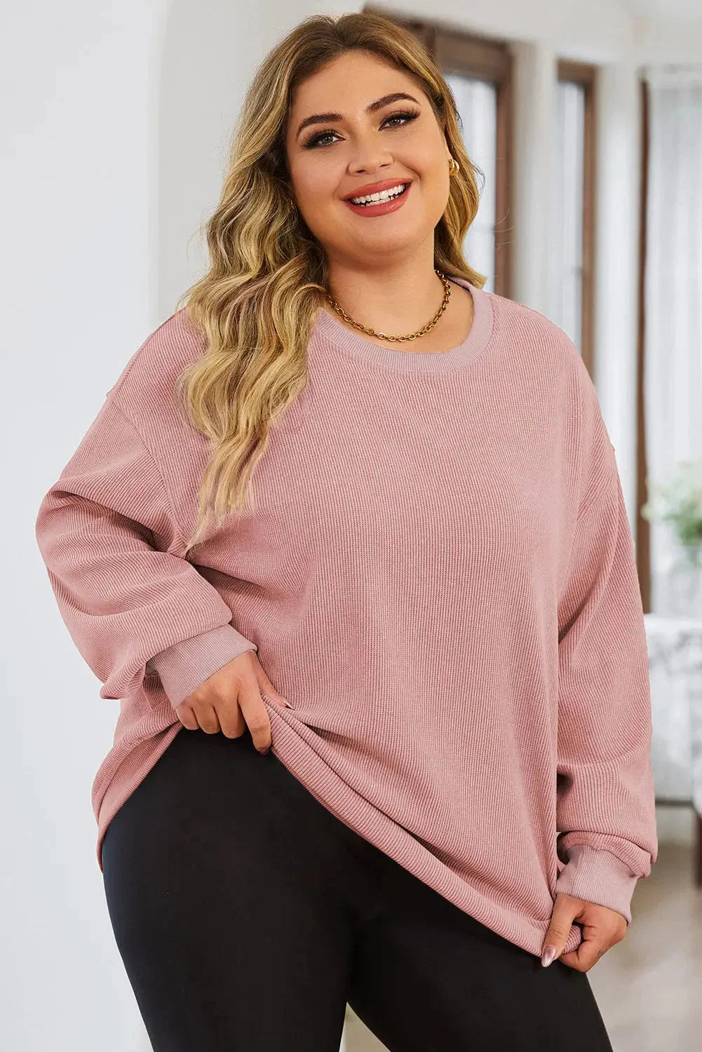 Pink solid ribbed knit round neck pullover sweatshirt - 1x / 100% polyester - tops