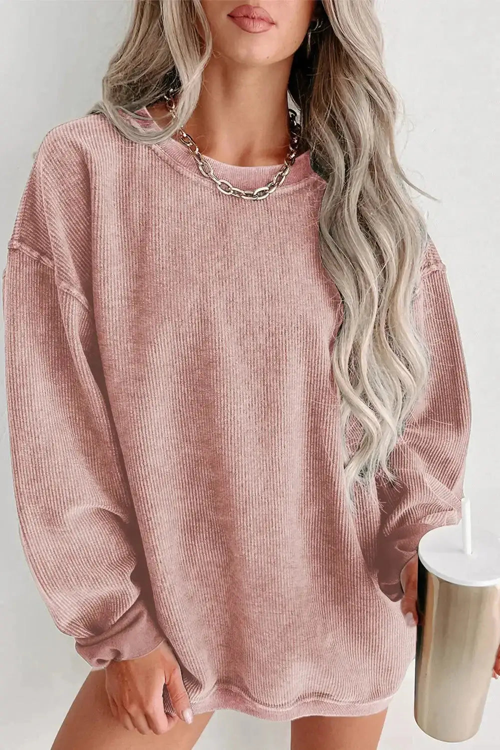 Pink solid ribbed knit round neck pullover sweatshirt - s / 100% polyester - tops