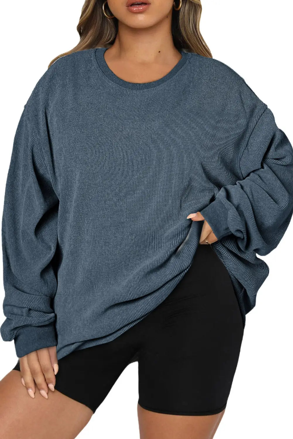 Pink solid ribbed knit round neck pullover sweatshirt - tops