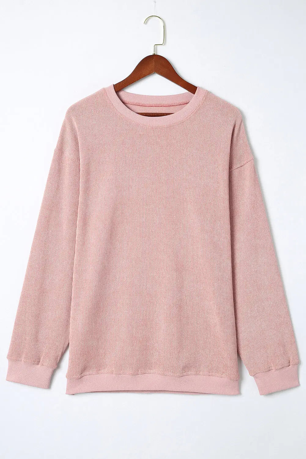 Pink solid ribbed knit round neck pullover sweatshirt - sweatshirts & hoodies