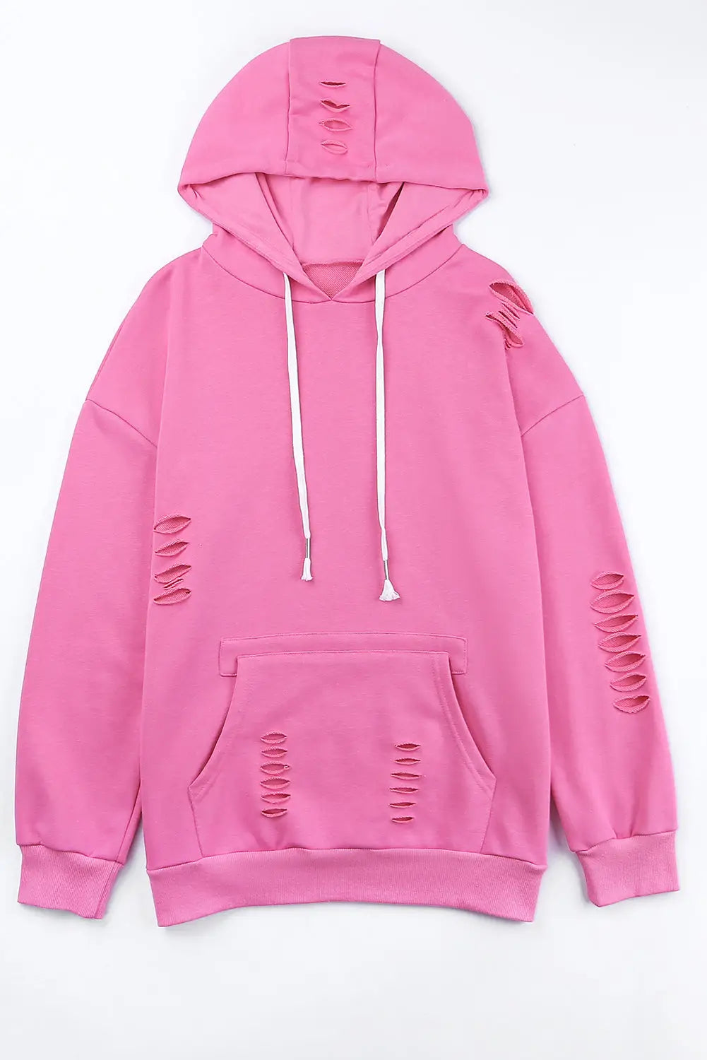 Pink solid ripped hooded sweatshirt with kangaroo pocket - sweatshirts & hoodies