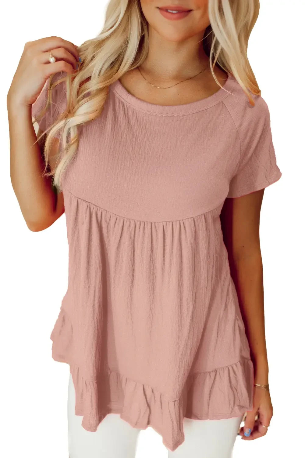 Pink solid short sleeve ruffle hem top - blouses & shirts