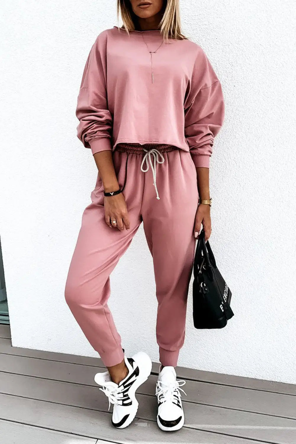 Pink solid sport boxy fit pullover & pants outfit - loungewear