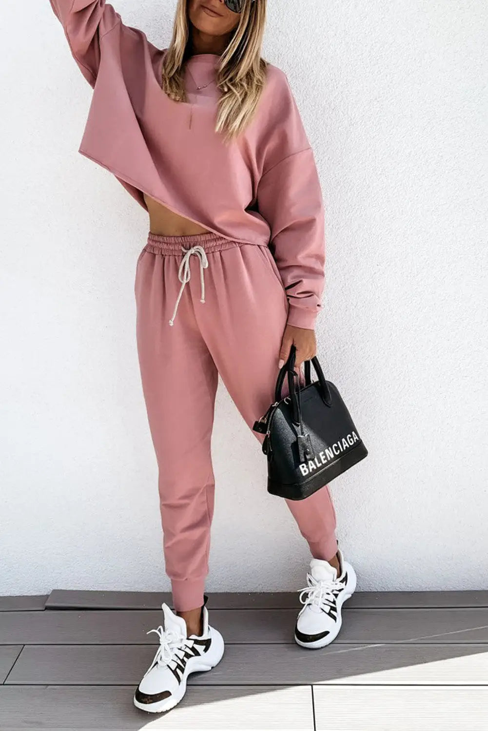 Pink solid sport boxy fit pullover & pants outfit - loungewear