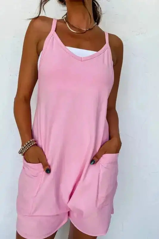 Pink spaghetti strap V-neck jersey romper front view — Fashionfitz UK