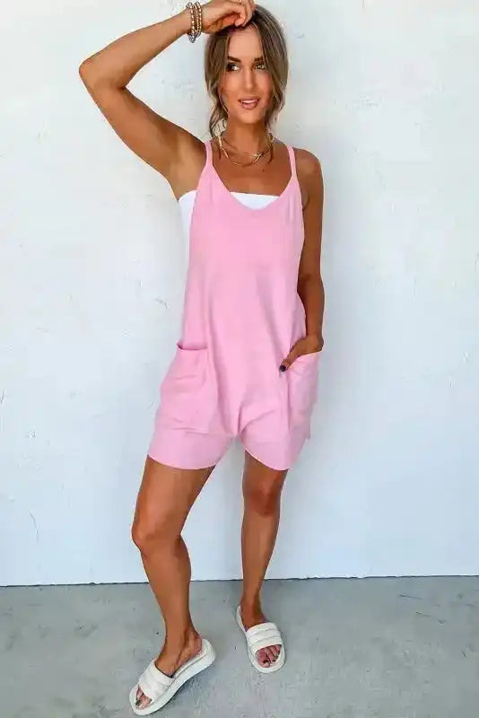 Pink Spaghetti Straps V Neck Jersey Romper - Fashionfitz