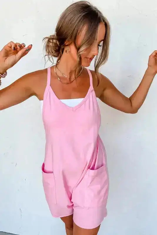 Pink Spaghetti Straps V Neck Jersey Romper - Fashionfitz