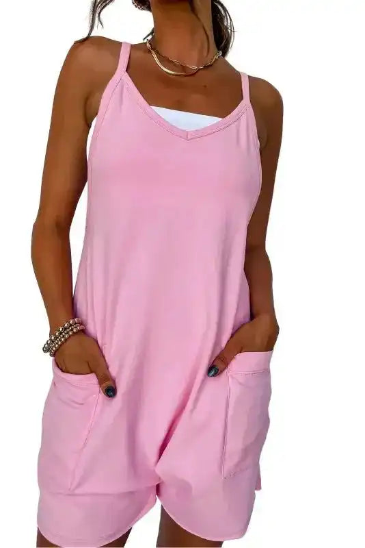 Pink Spaghetti Straps V Neck Jersey Romper - Fashionfitz