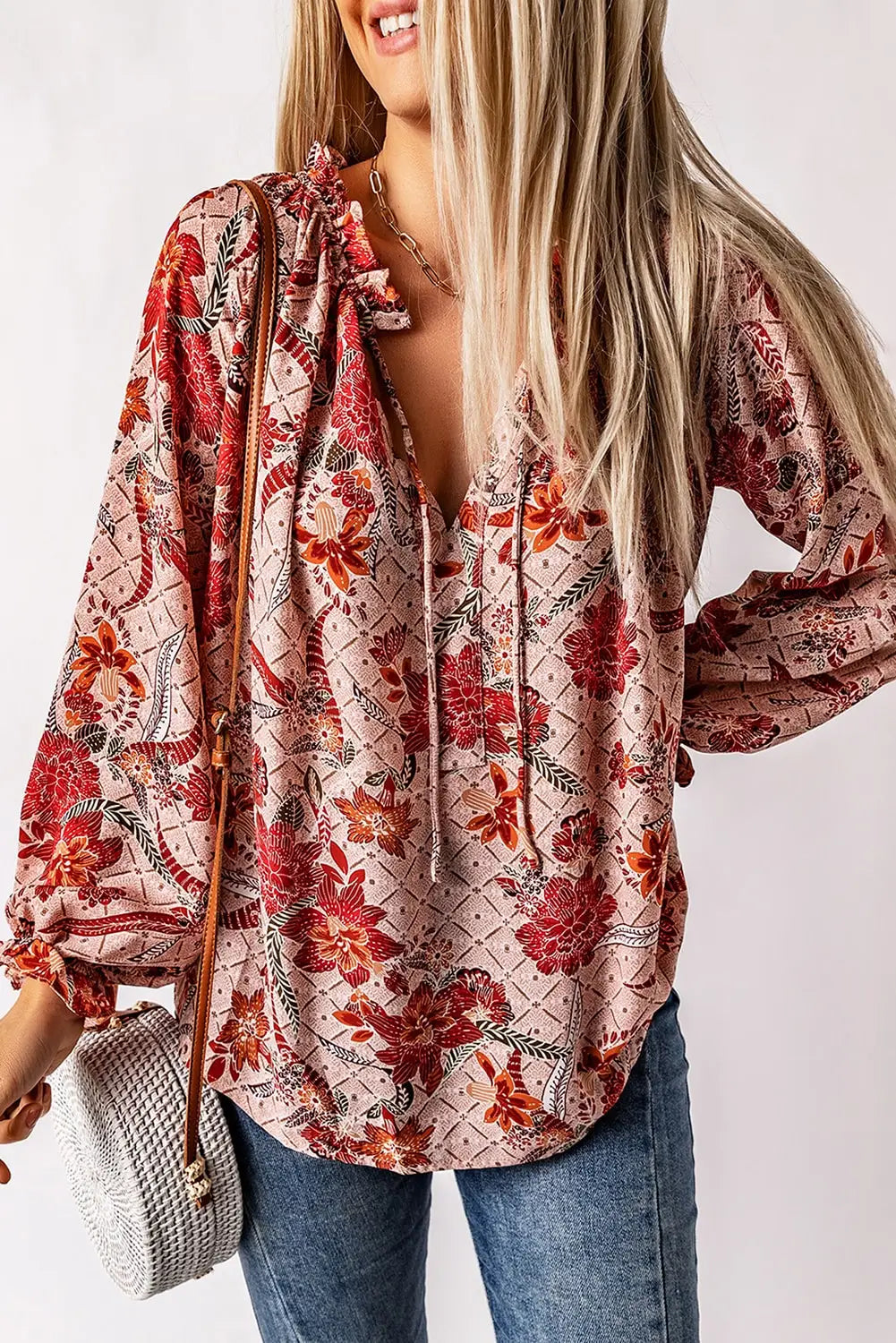 Pink split v neck printed blouse - s / 95% polyester + 5% spandex - tops