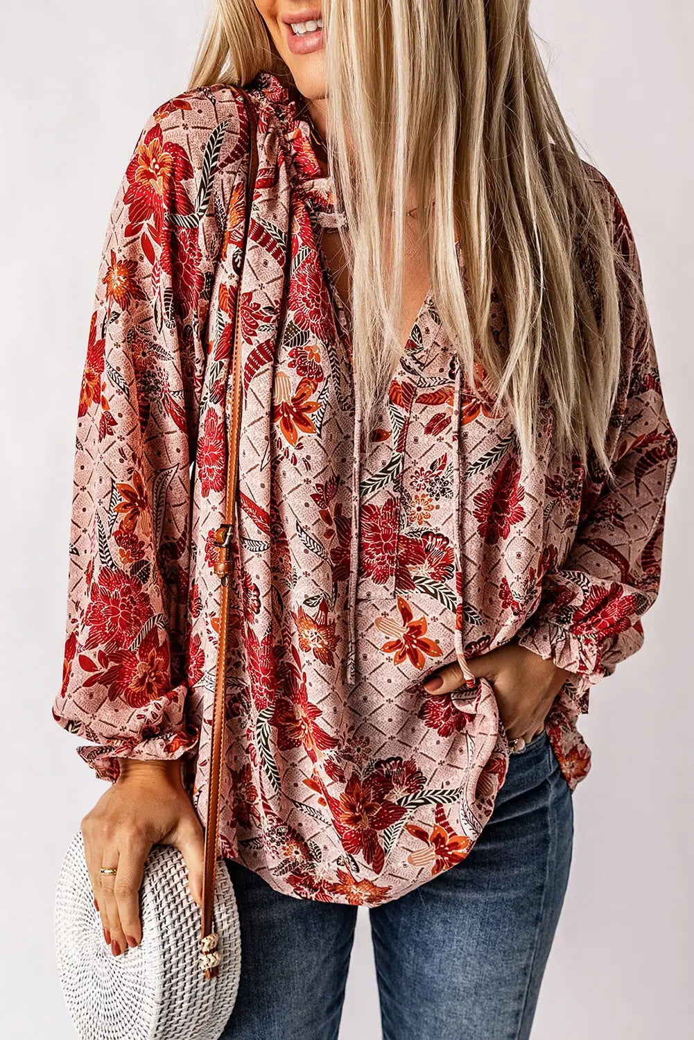 Pink split v neck printed blouse - tops
