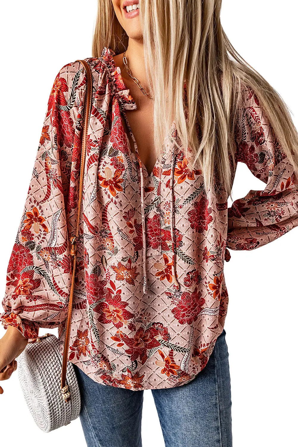 Pink split v neck printed blouse - tops