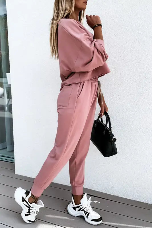 Pink sport boxy fit pullover & pants outfit - two piece sets