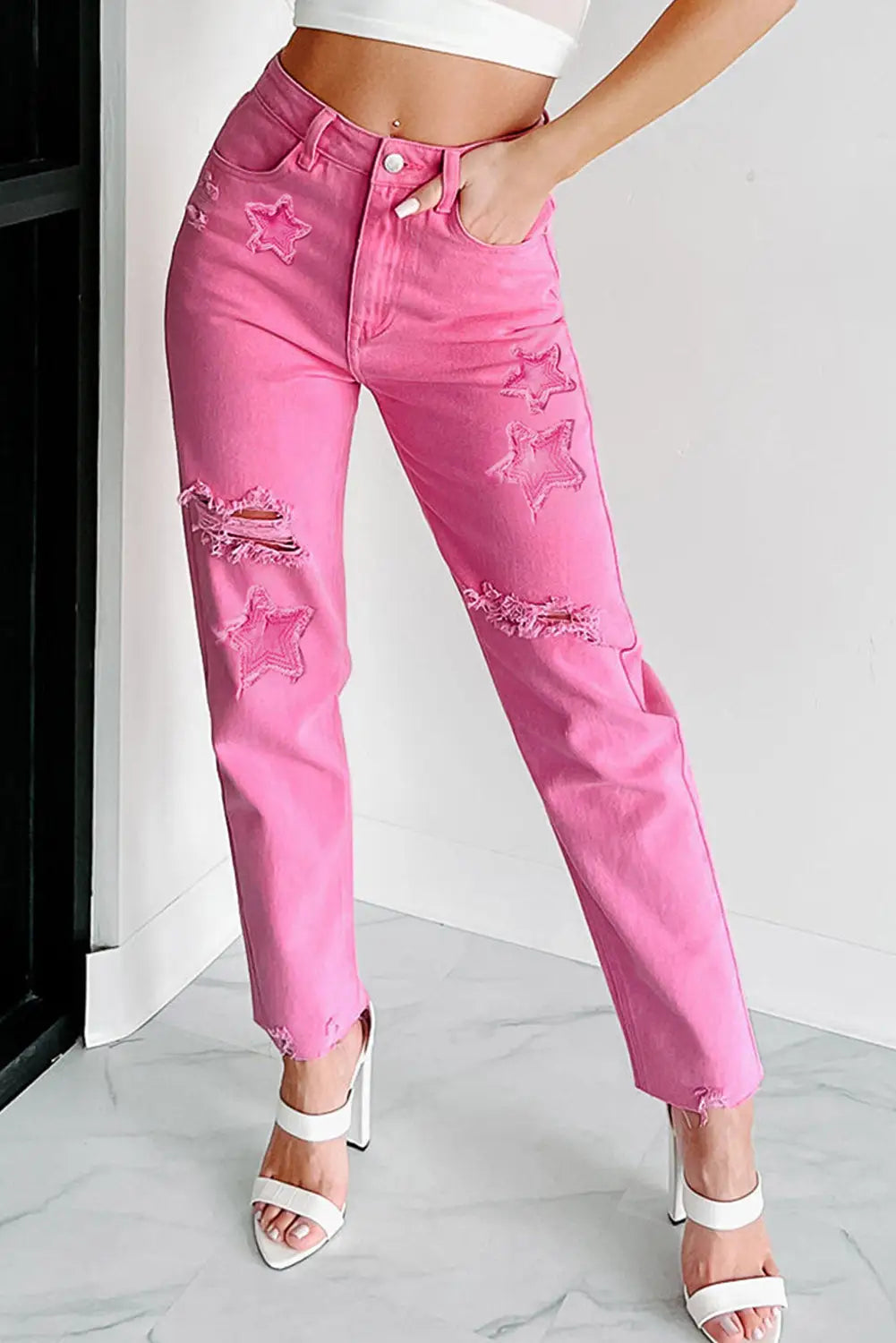 Pink star shape patchwork mid waist straight leg jeans - 6 / 98% cotton + 2% elastane - bottoms