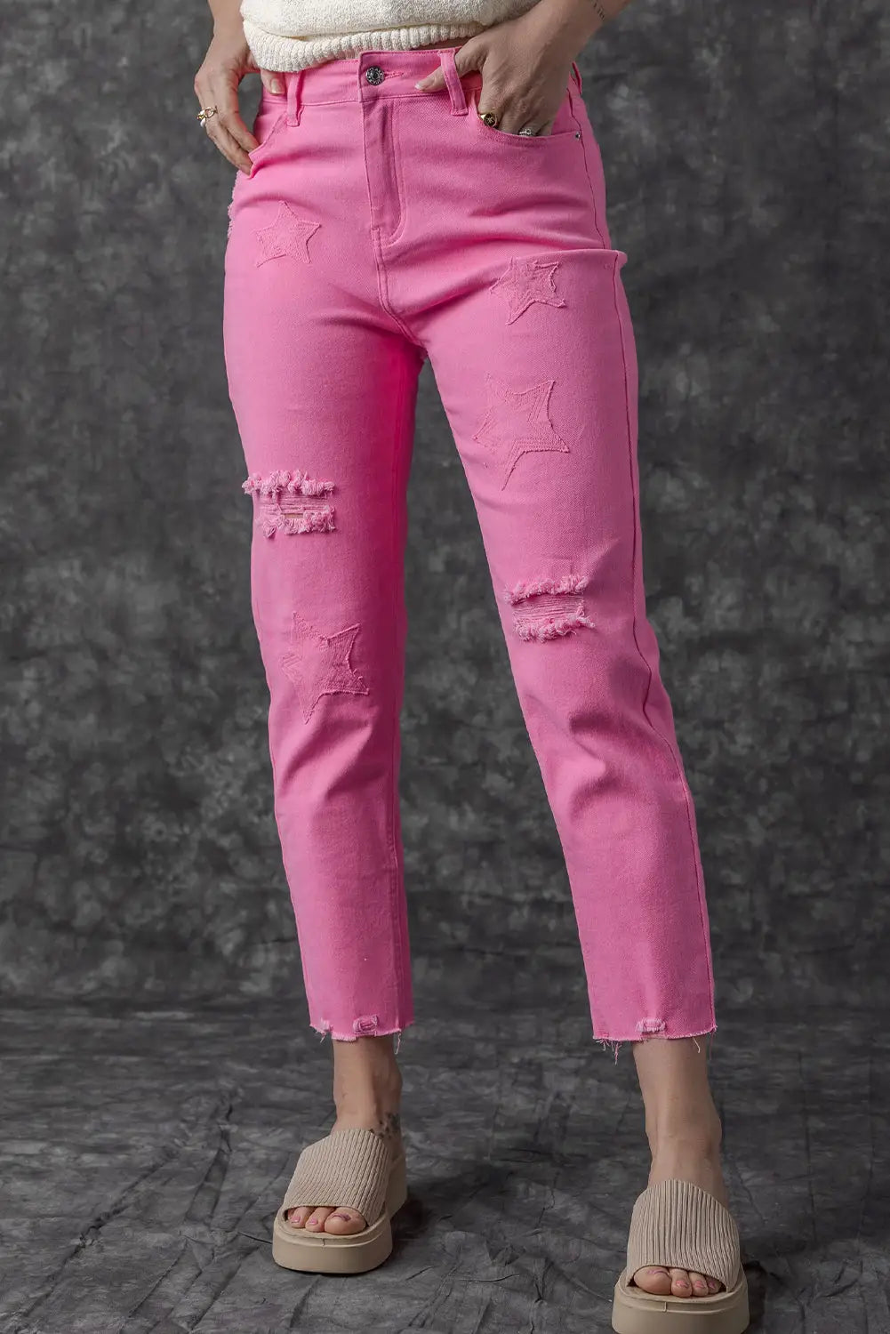 Pink star shape patchwork mid waist straight leg jeans - bottoms