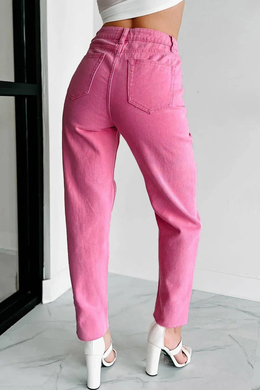 Pink star shape patchwork mid waist straight leg jeans - bottoms
