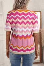 Back view of women's pink chevron crochet jumper featuring short sleeves and multicolor zigzag pattern. Perfect for casual summer outfits.