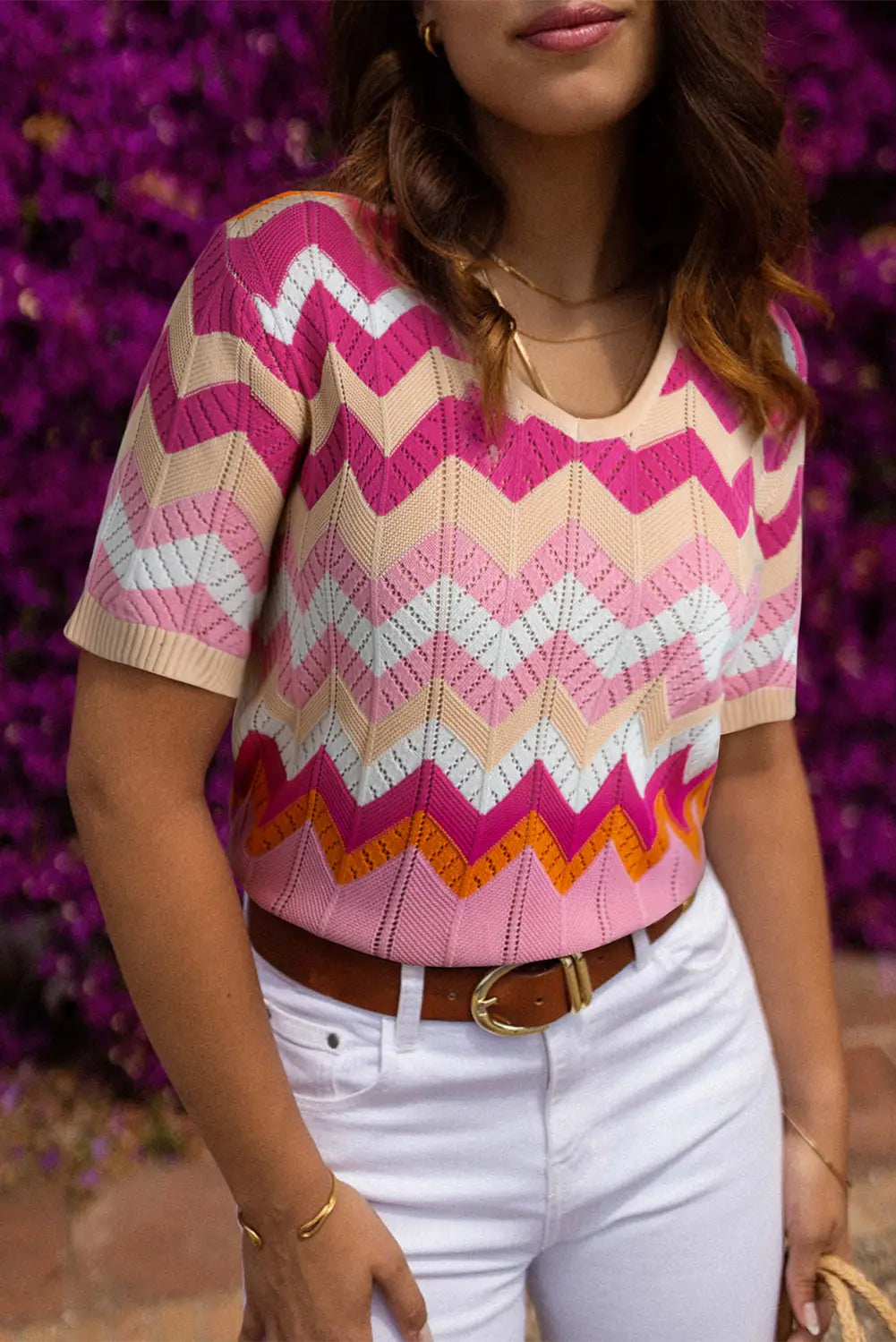 Pink stripe chevron pointelle knit v neck short sleeve sweater - l / 65% viscose + 35% polyamide - t-shirts