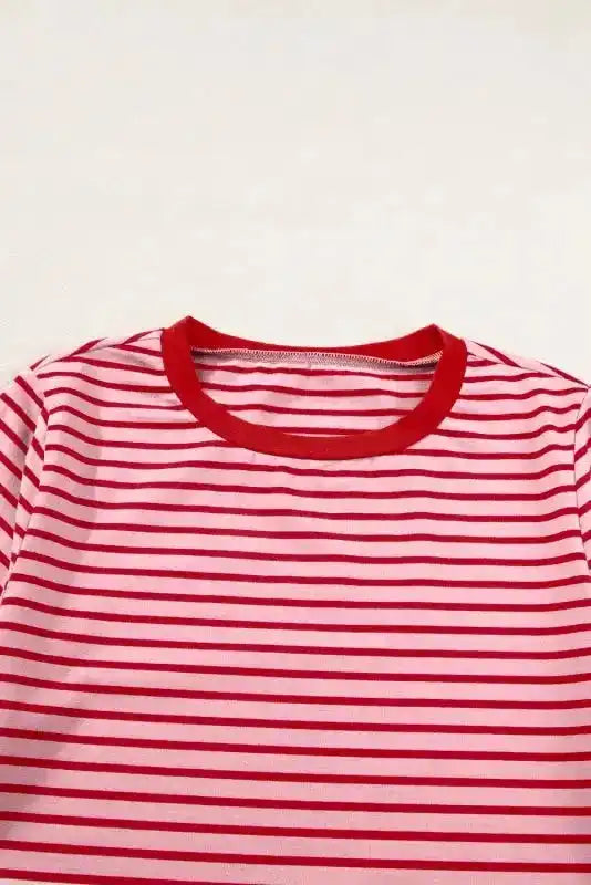 Pink Stripe Crew Neck Casual T-Shirt - Fashionfitz