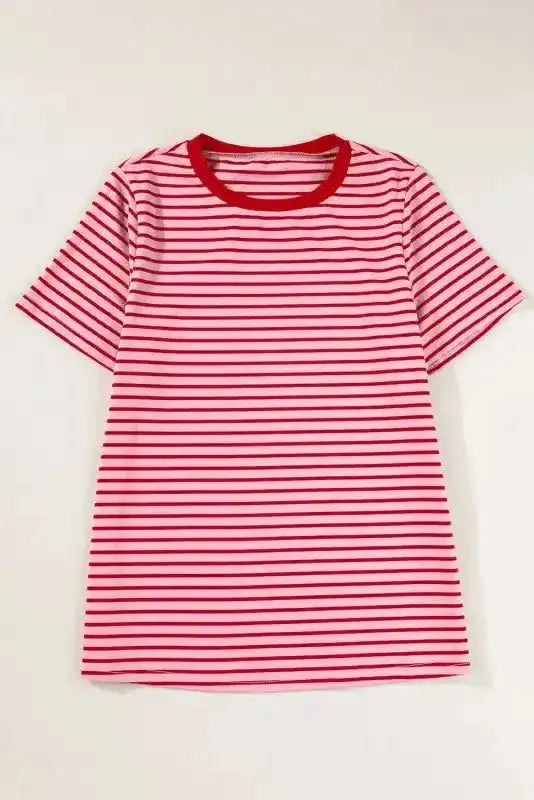 Pink Stripe Crew Neck Casual T-Shirt - Fashionfitz