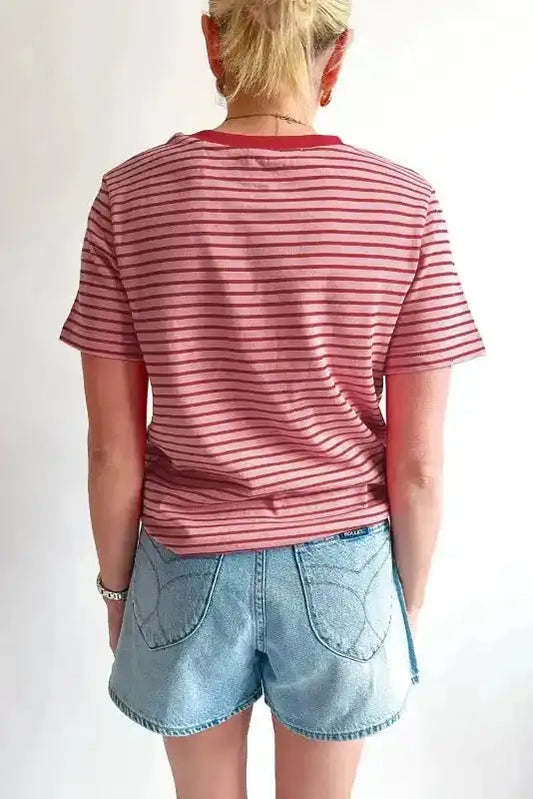 Pink Stripe Crew Neck Casual T-Shirt - Fashionfitz