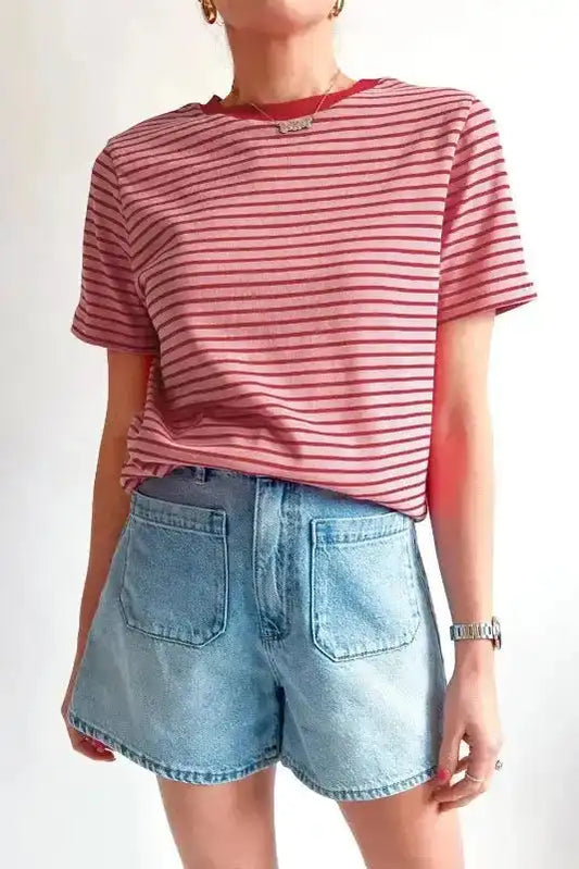 Pink Stripe Crew Neck Casual T-Shirt - Fashionfitz