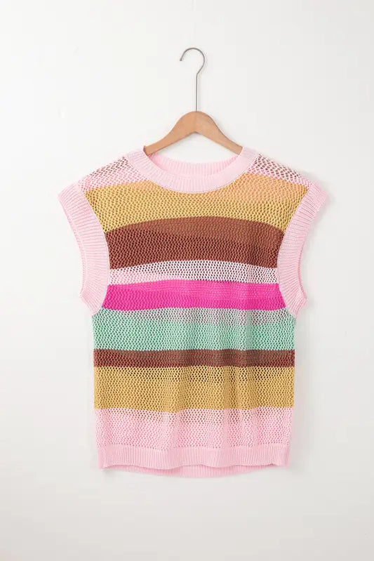 Pink stripe crochet top -loose fit - s / 100% viscose - sweaters & cardigans/sweater vests