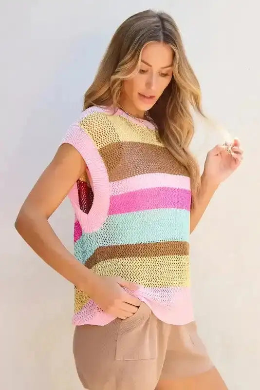 Pink Stripe Crochet Top - Loose Fit - Fashionfitz