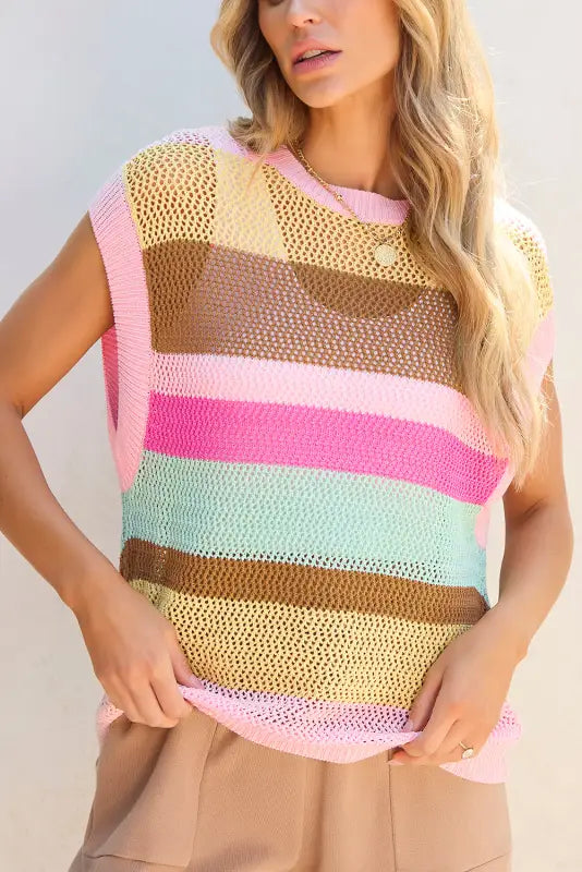 Pink stripe crochet top -loose fit - sweaters & cardigans/sweater vests