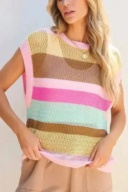 Pink Stripe Crochet Top - Loose Fit - Fashionfitz