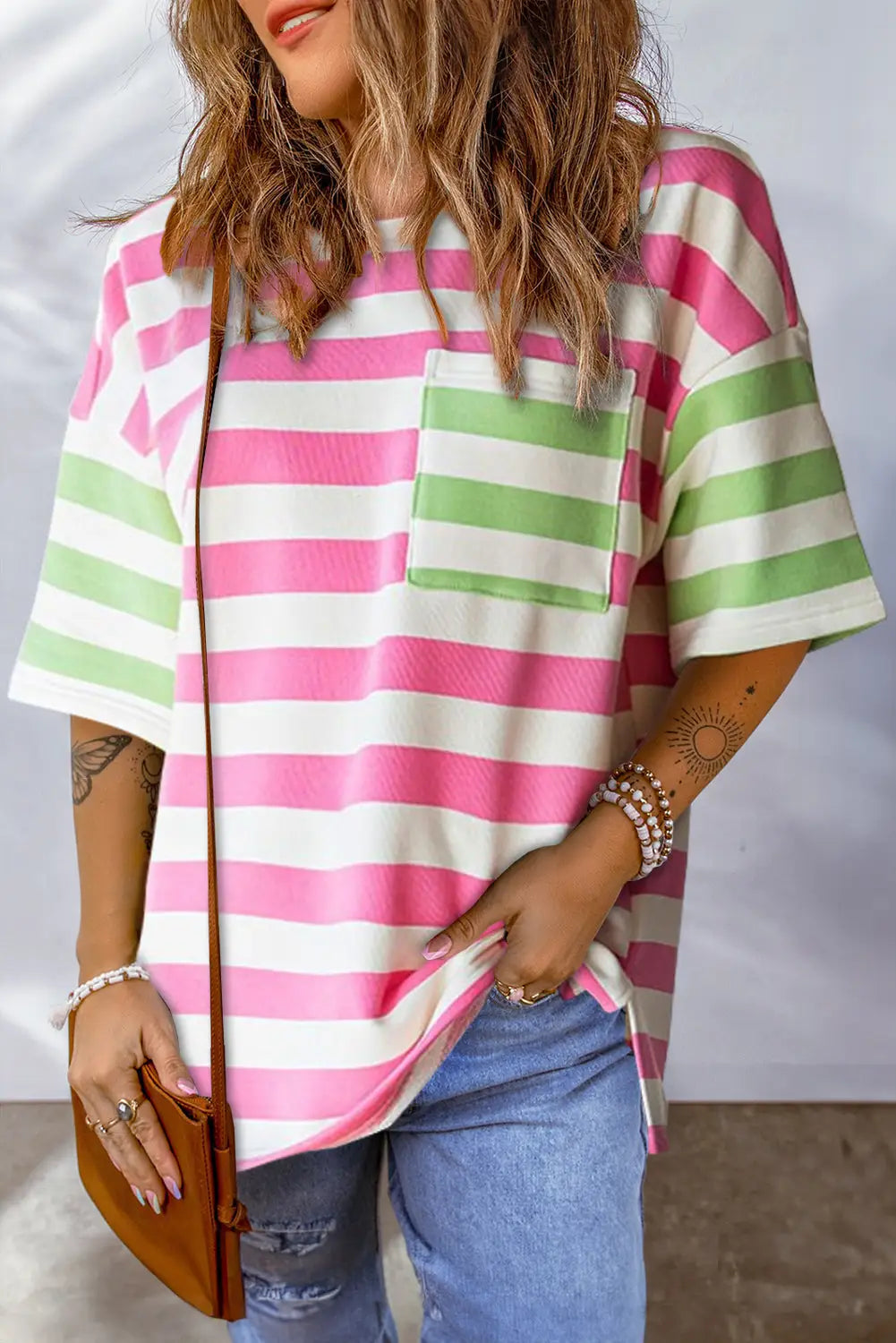 Pink stripe drop sleeve t shirt - s / 95% polyester + 5% elastane - tops/tops & tees