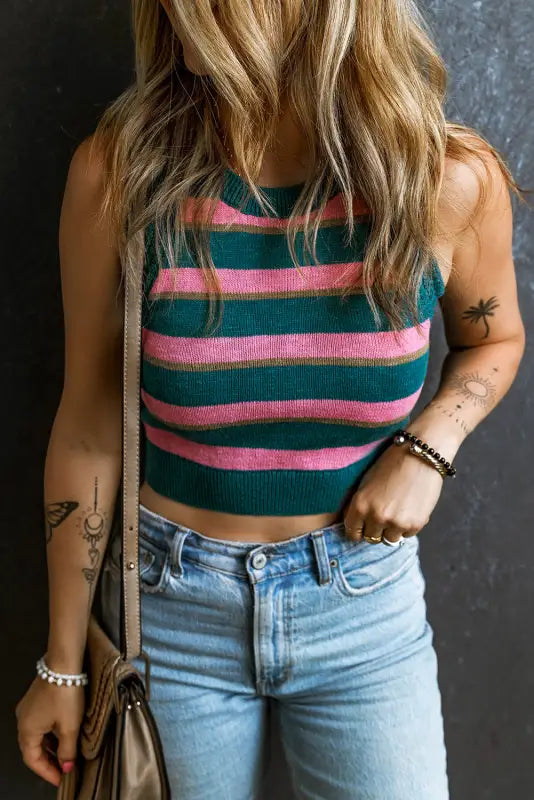 Pink stripe knit cropped tank top - tops