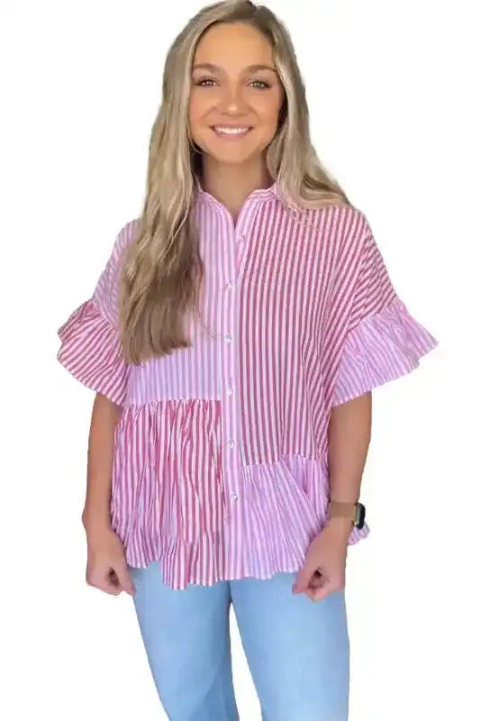 Model in Pink Stripe Patchwork Ruffled Hem Button-Up Shirt styled with jeans, showcasing a trendy Southern Belle summer look.