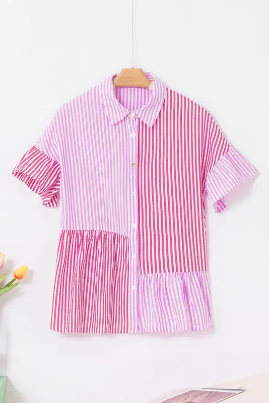 Pink stripe patchwork ruffled hem button up shirt - blouses & shirts