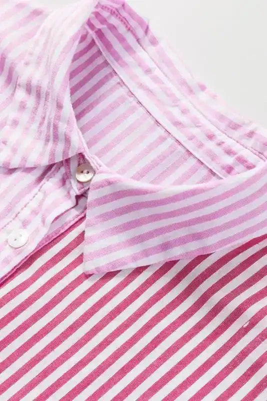 Detail of collar and button placket on Pink Stripe Patchwork Shirt, showing fine stitching and dual-tone stripe pattern.